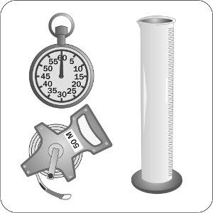 This illustration shows some of the typical tools required to calibrate an airblast sprayer: a stopwatch, a measuring tape and a container with a known volume.