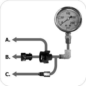 This illustration demonstrates a few common methods to attach a pressure gauge to the airblast boom. Airblast sprayers have a variety of nozzle bodies, so a unique adaptor may be required to attach the gauge.