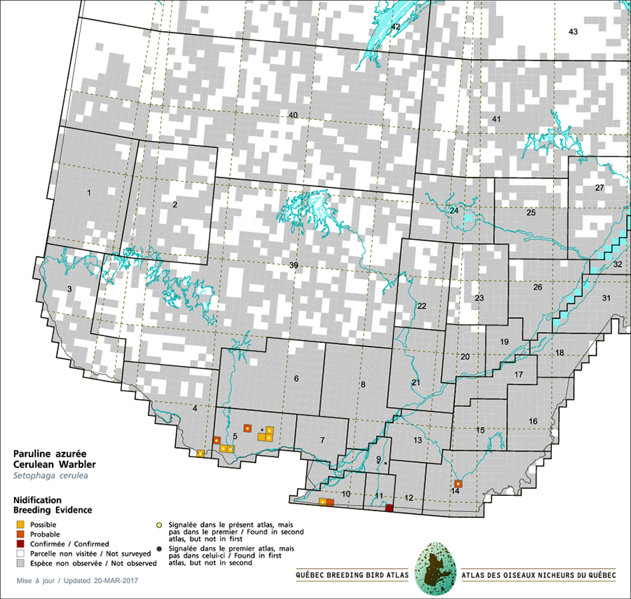 Figure 3. Distribution of the Cerulean Warbler in Quebec between 2010 and 2014)