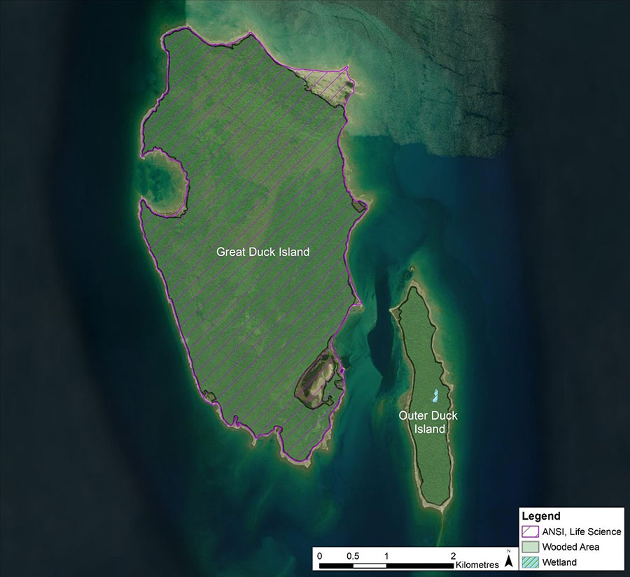 Map showing Great Duck Island and Outer Duck Island with the entirety of Great Duck Island indicated as a Provincially Significant Life Science Area of Natural or Scientific Interest