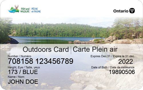 Image of an Outdoors Card sample. The card contains a card number, an expiration date and information on the height, eye color, name and date of birth of the holder.