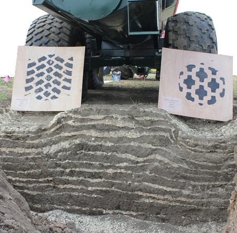 Tire footprints and compaction profiles for a fully loaded 8,000 gallon Husky manure tanker (~ 21,000 lbs/tire) fitted with Alliance Agri-Transport 35.5LR32 radial tires at 18 PSI (left) and Firestone ANS Tractor 35.5L-32 bias ply tires at 32 PSI (right).