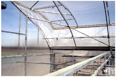 Customized screens have been installed in some gutter-vented research greenhouses, using a system of weights to keep the screening taut and unobtrusive when the vents are closed.