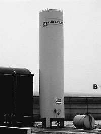 Liquid carbon dioxide tanks.
