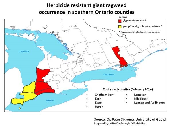 Map of Ontario showing the three most southerly counties highlighted in yellow and three counties to the east and north highlighted in red. The counties of Lennox and Addington ton is also in red.