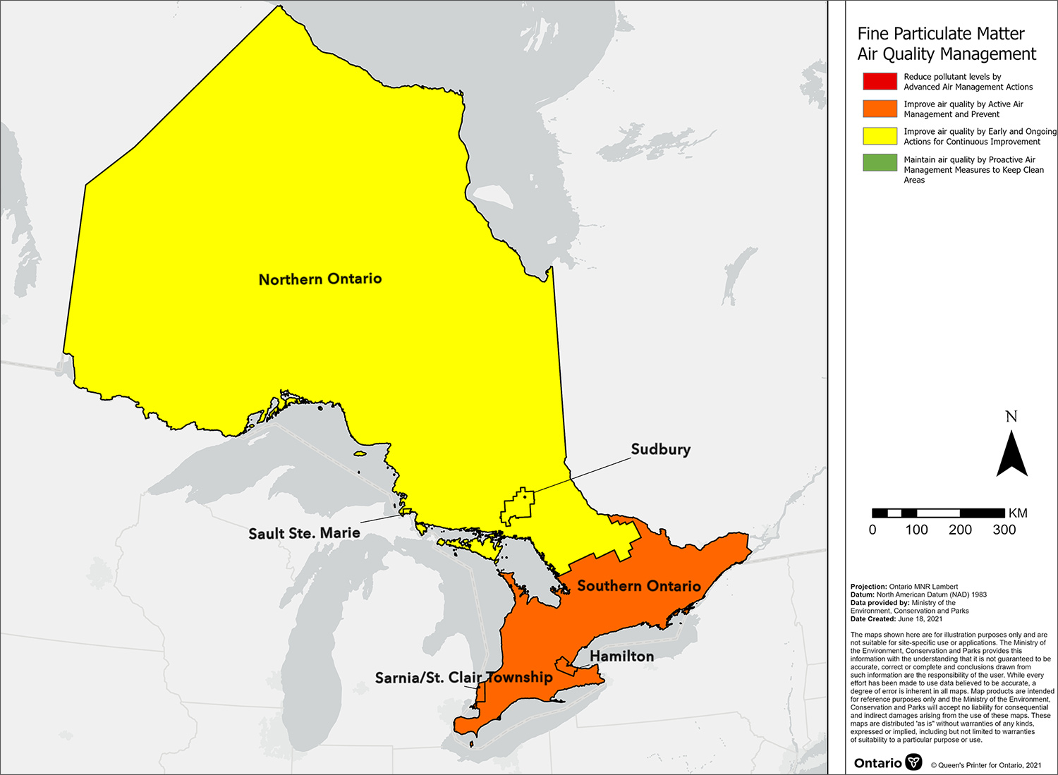 Map showing the fine particulate matter Canadian Ambient Air Quality Standard management levels for air zones across Ontario