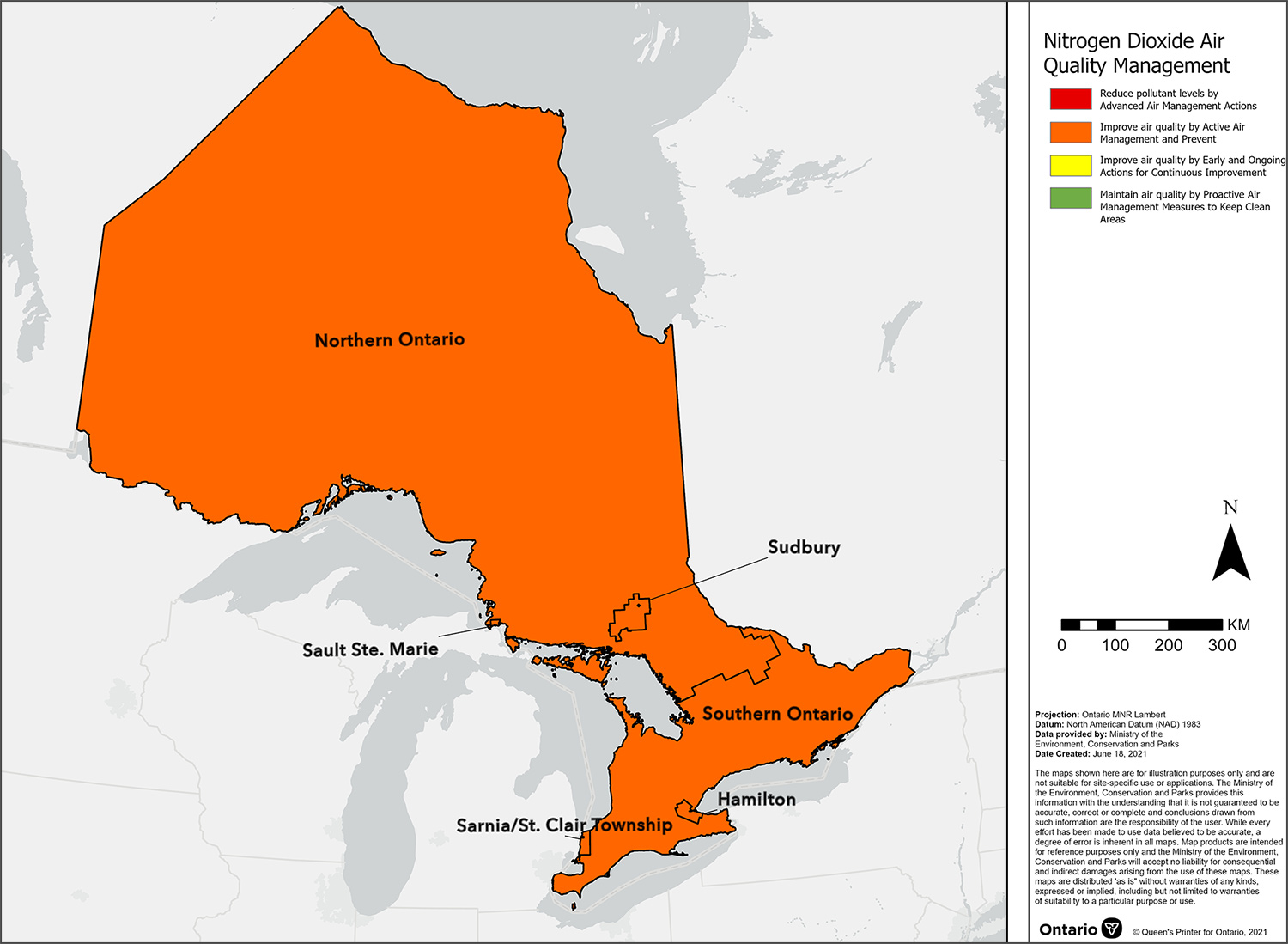 Map showing nitrogen dioxide Canadian Ambient Air Quality Standard management levels for air zones across Ontario