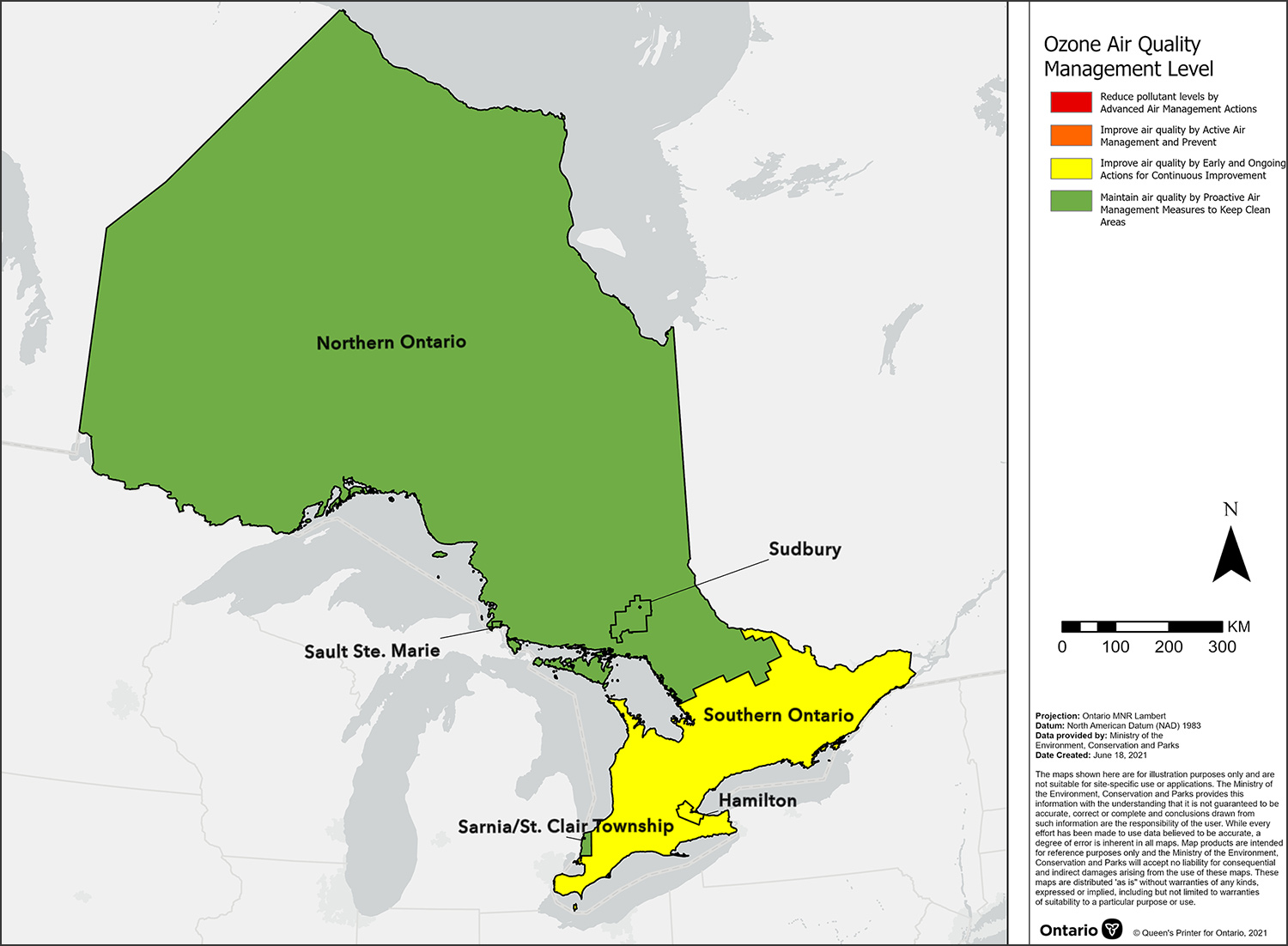 Map showing the ozone Canadian Ambient Air Quality Standard effective management levels for air zones across Ontario