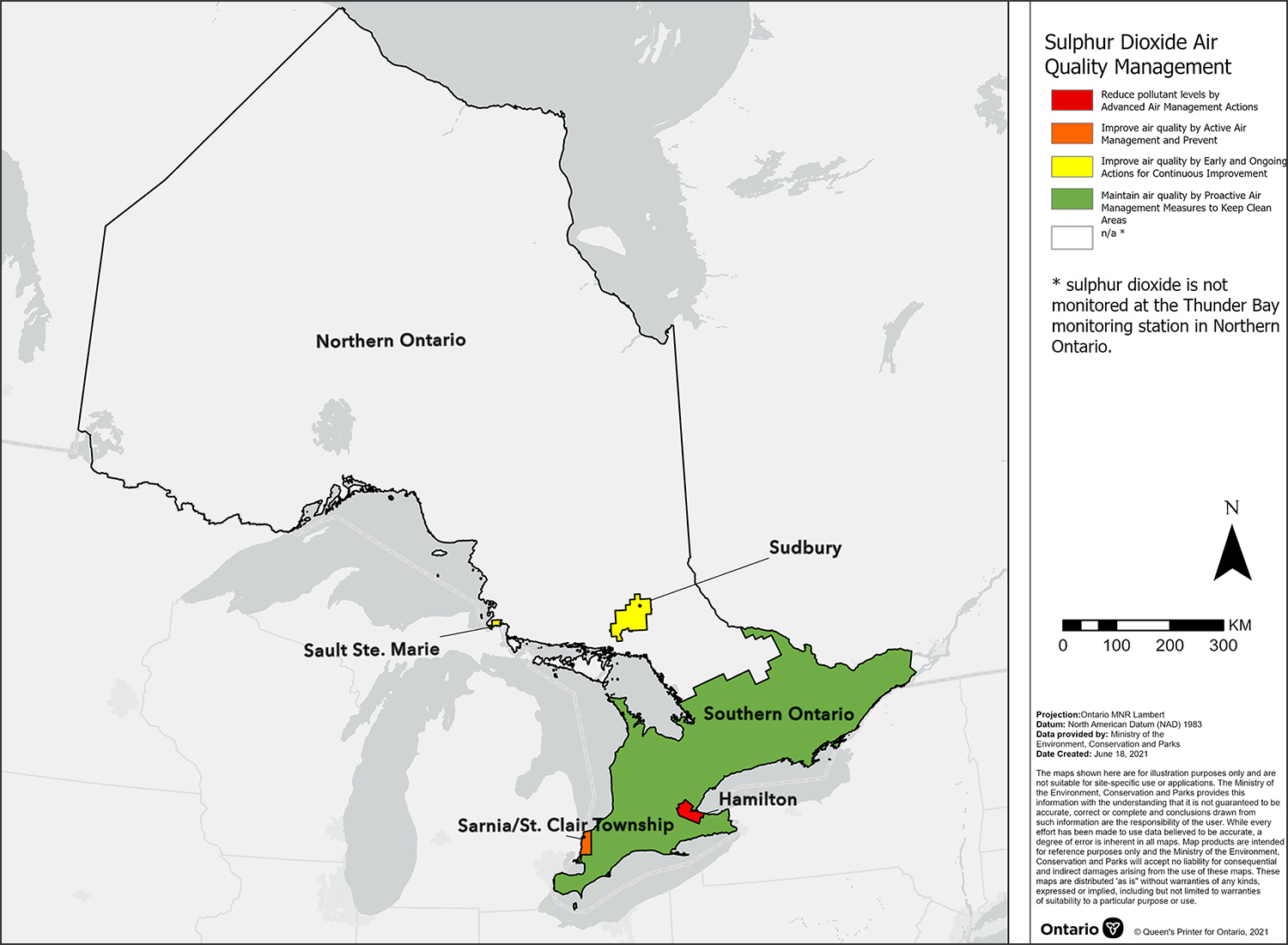 Map showing the sulphur dioxide Canadian Ambient Air Quality Standard management levels for air zones across