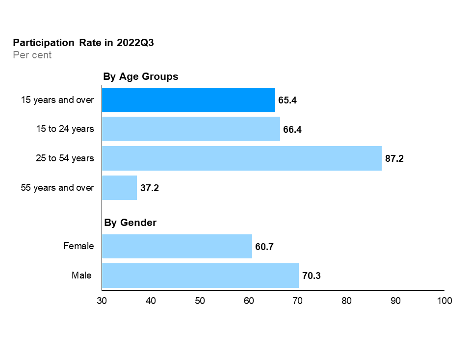 The horizontal bar chart shows labour force participation rates in the third quarter of 2022 for Ontario as a whole, by major age group and by gender. Ontario’s overall labour force participation rate was 65.4%. The core-aged population aged 25 to 54 years had the highest labour force participation rate at 87.2%, followed by youth aged 15 to 24 years at 66.4%, and older Ontarians aged 55 years and over at 37.2%. The male participation rate (70.3%) was higher than the female participation rate (60.7%).