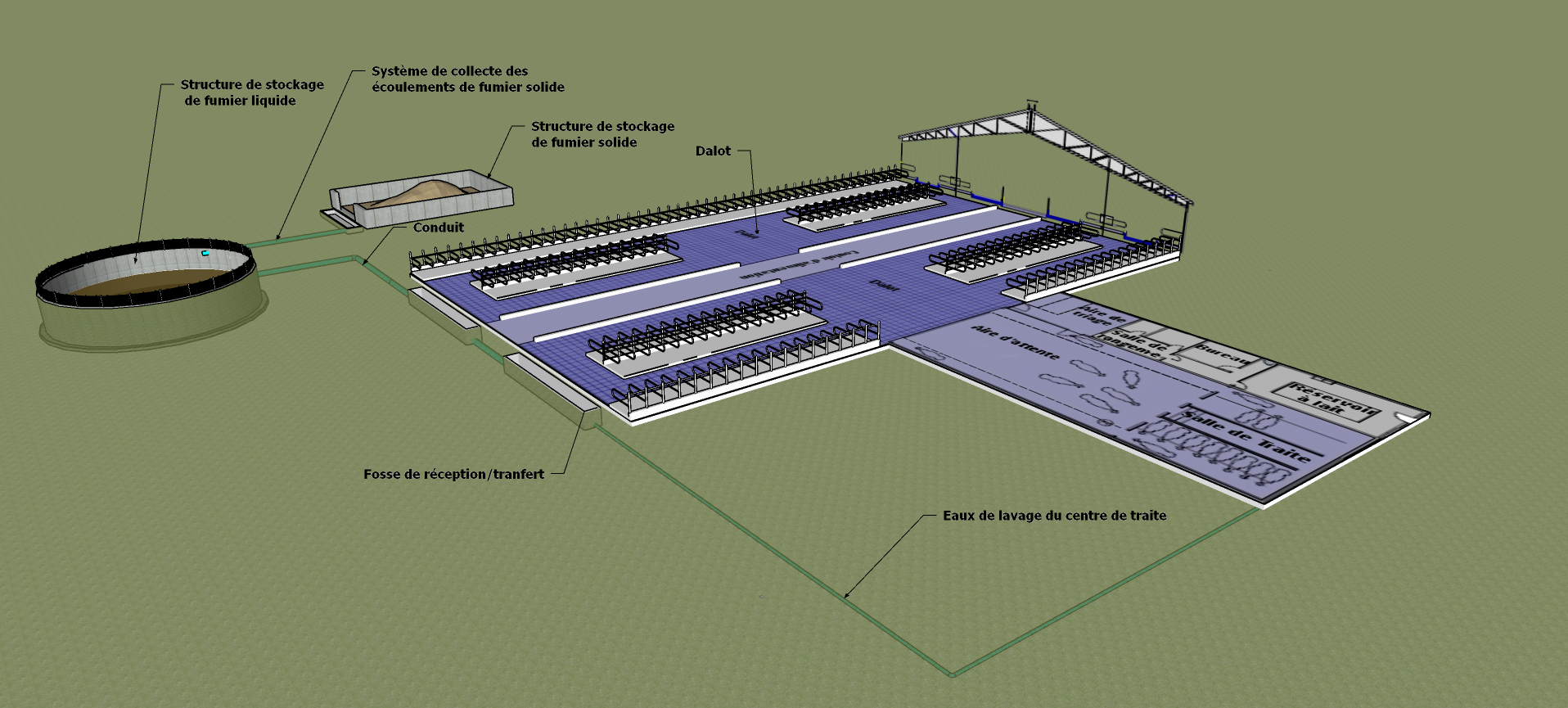 Dessin montrant l’emplacement des conduits de transfert et les structures de stockage d’éléments nutritifs autour d’une étable à bovins laitiers.