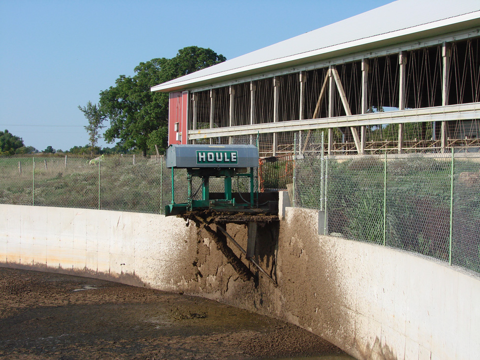 Gutter cleaner used to transfer sand-laden manure to storage