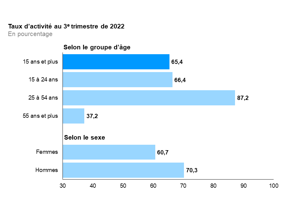 Ce graphique à barres horizontales montre les taux d’activité en Ontario selon le groupe d’âge et le sexe, au troisième trimestre de 2022. Le taux d’activité global en Ontario était de 65,4 %. Le taux d’activité était le plus élevé chez les personnes du principal groupe d’âge actif (25 à 54 ans) à 87,2 %, suivies des jeunes (15 à 24 ans) à 66,4 % et des Ontariennes et Ontariens plus âgés (55 ans et plus) à 37,2 %. Le taux d’activité était plus élevé chez les hommes (70,3 %) que chez les femmes (60,7 %).