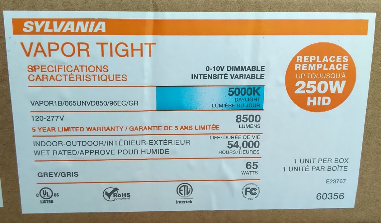 Information on a light fixture packaging label.