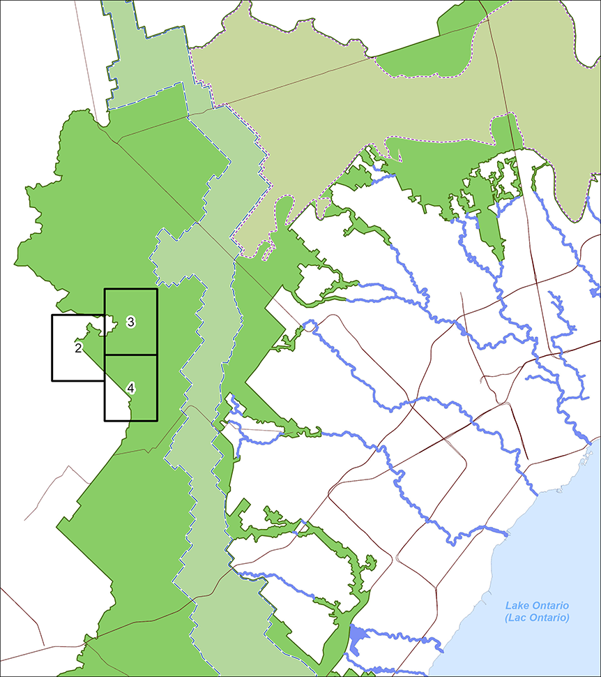 Carte-index qui illustre en détail les terres ajoutées à la zone de campagne protégée divisée en 3 petits secteurs