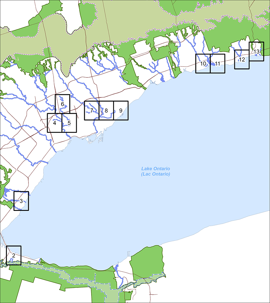 Carte-index qui illustre en détail les terres ajoutées aux zones de vallée fluviale urbaine divisée en 12 petits secteurs