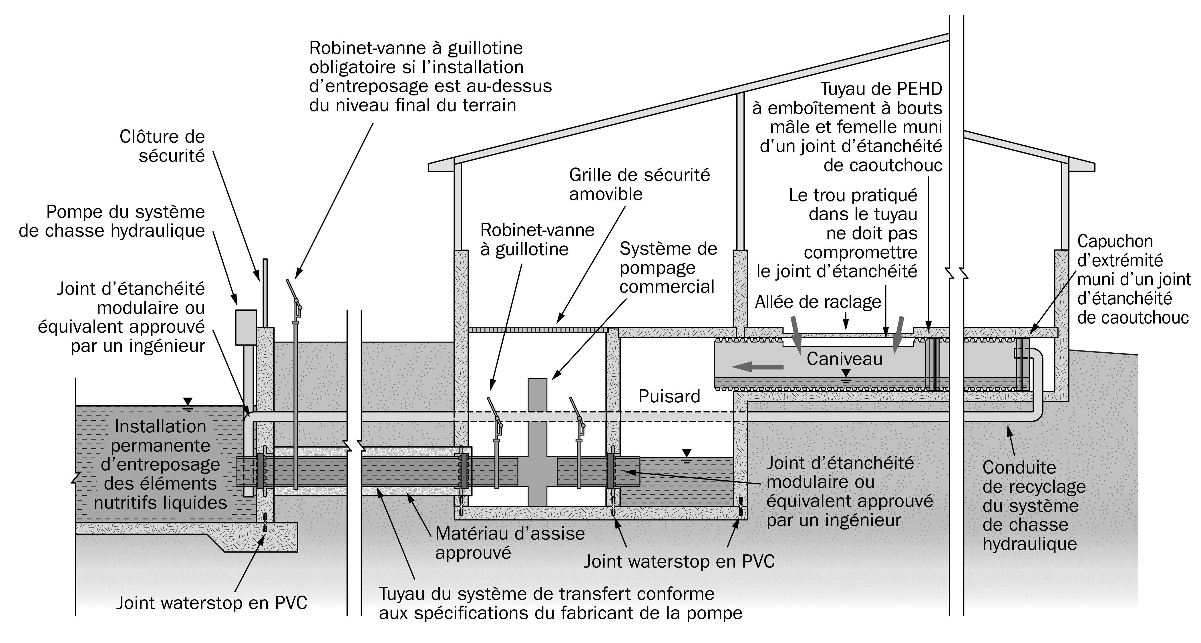 Schéma montrant la section transversale d’un caniveau de collecte de fumier liquide dans une étable laitière, avec une pompe transférant le fumier sous pression par un tuyau relié à une installation permanente d’entreposage des éléments nutritifs liquides.