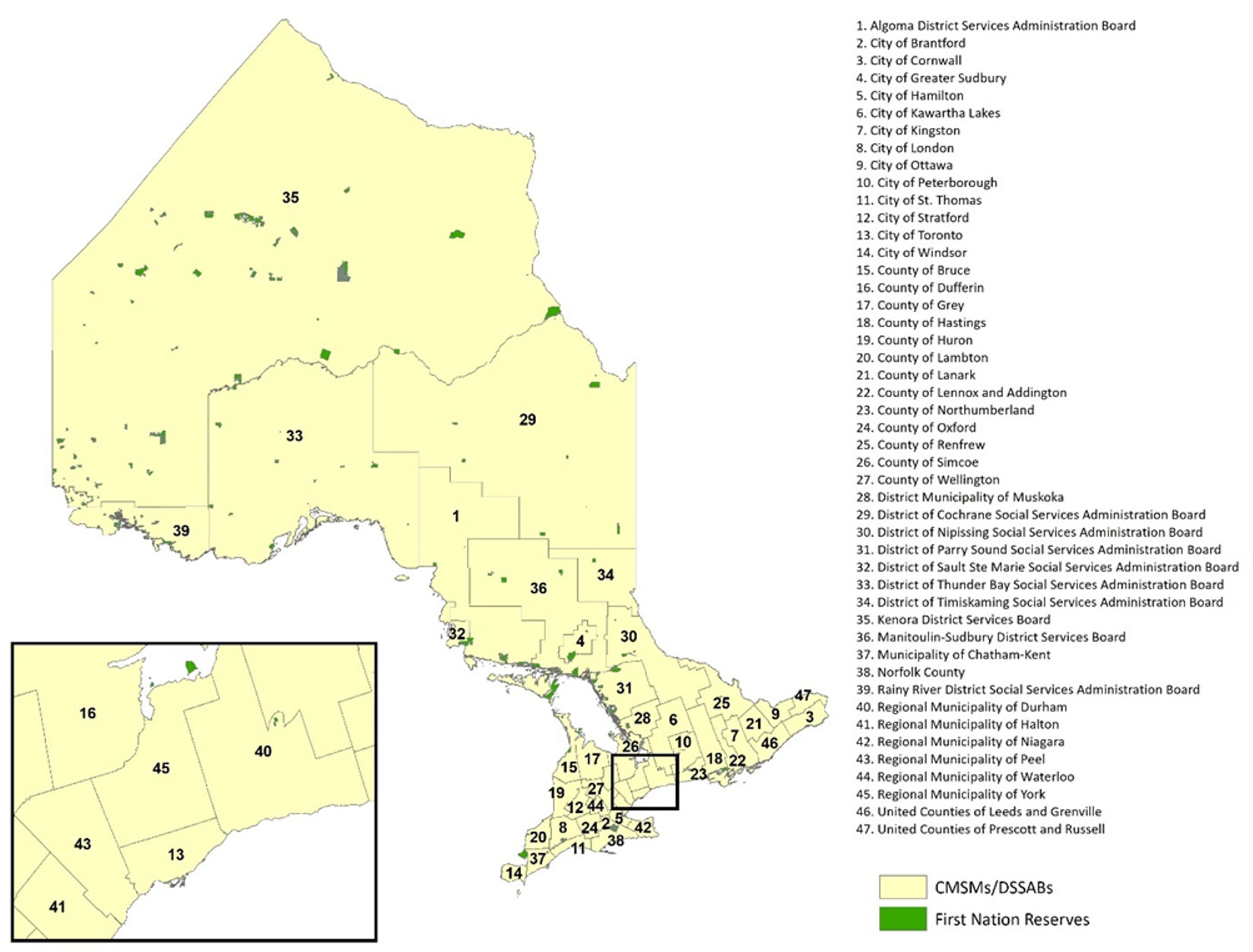 Map of Ontario showing the locations of Consolidated Municipal Service Managers and District Social Services Administration Boards, which are as follows: