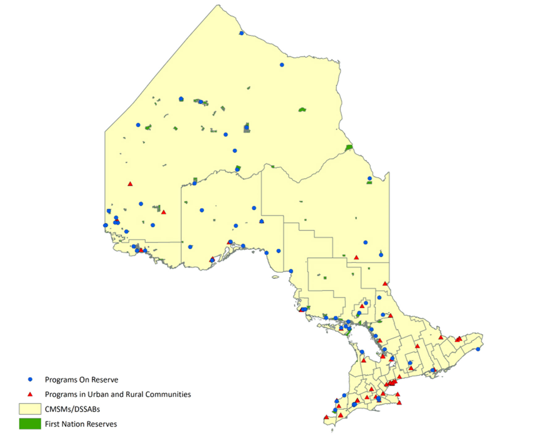 Map of Ontario showing the locations of Indigenous-led child care and child and family programs