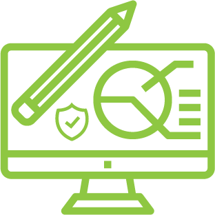 Icône graphique d’un écran d’ordinateur contenant des données, un bouclier de protection et un crayon représentant « planification et surveillance proactives »