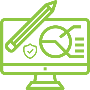 Icône graphique d’un écran d’ordinateur contenant des données, un bouclier de protection et un crayon représentant la « planification et surveillance proactives »