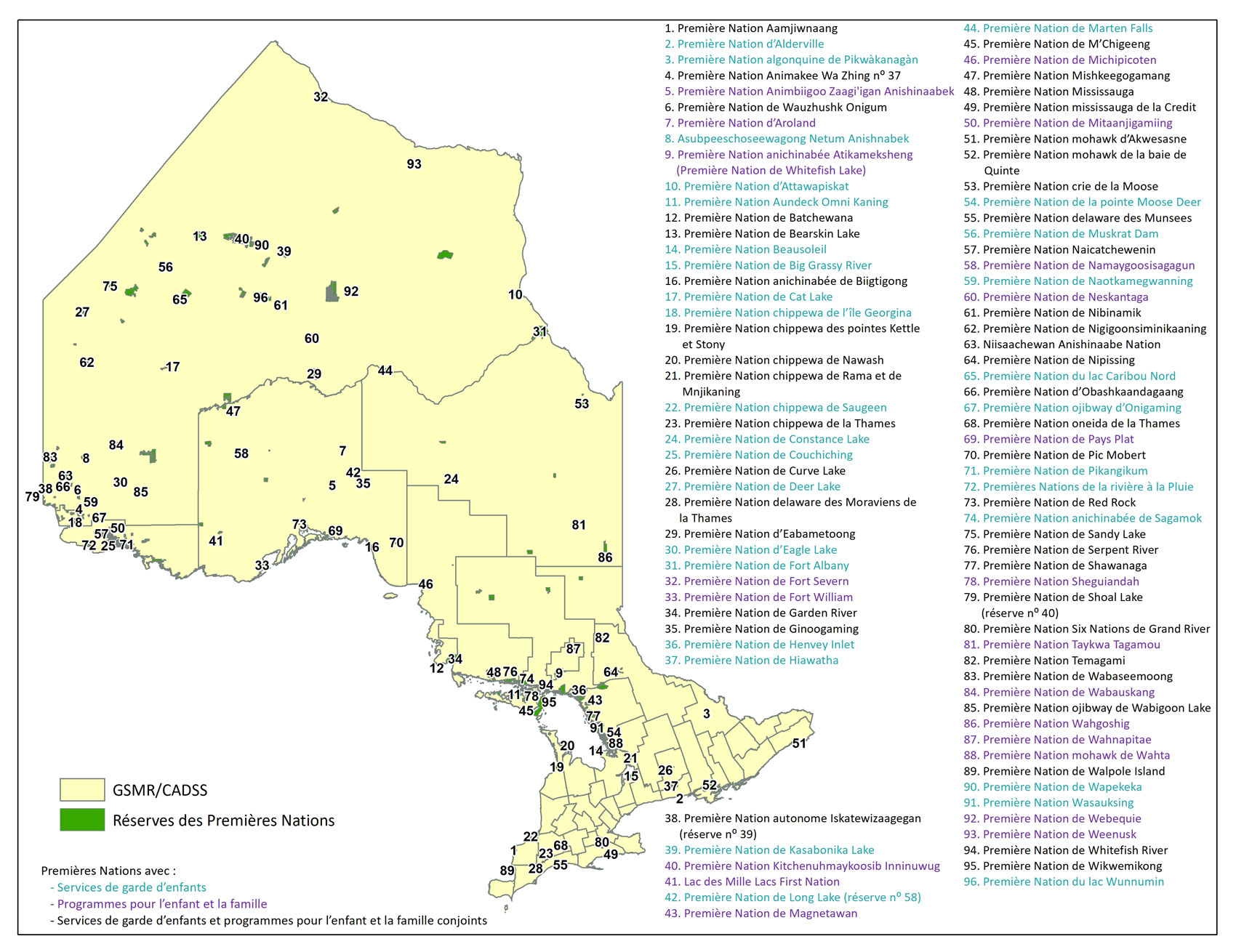 Carte de l'Ontario : Premières Nations de l’Ontario recevant des fonds de la province pour les services de garde d’enfants ou les programmes pour l’enfant et la famille