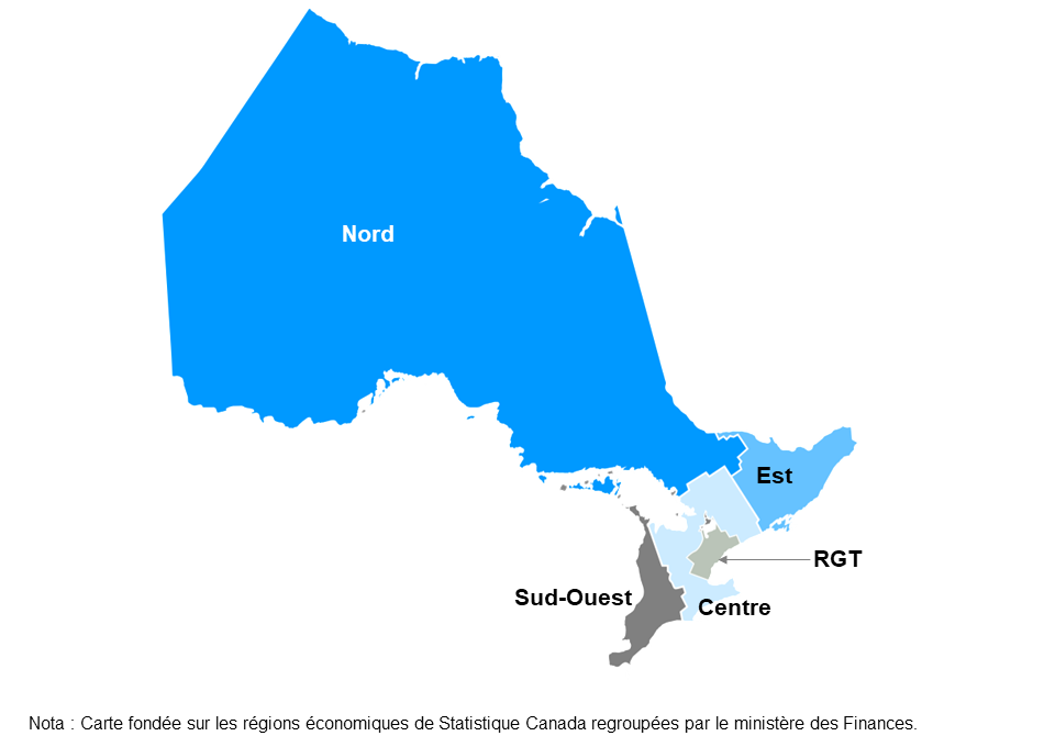 Cette carte montre les cinq régions de l’Ontario : le Nord, l’Est, le Sud-Ouest, le Centre et la région du grand Toronto. Elle est fondée sur les groupes de régions économiques de Statistique Canada.