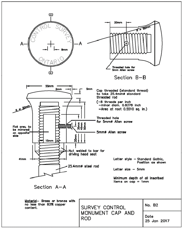 Top-down depiction of a bronze cap and rod survey monument. Please refer to the caption for detailed monument specifications