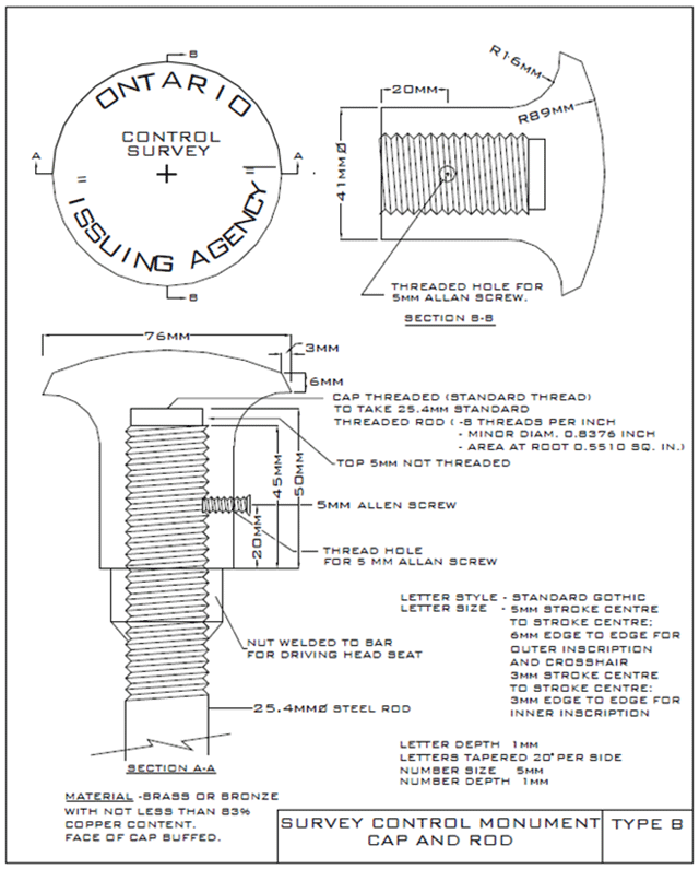 Top-down depiction of a bronze cap survey monument. Please refer to the caption for detailed monument specifications.