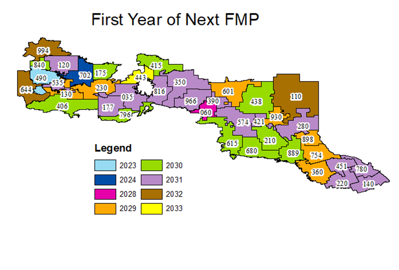 a multicoloured map of the first year of the next Forest Management Plan including contingency plans. 2023 areas are light blue, 2024 areas are purple, 2028 areas are teal, 2029 areas are orange, 2030 areas are green, 2031 areas are pink and 2032 areas are shown in tan.
