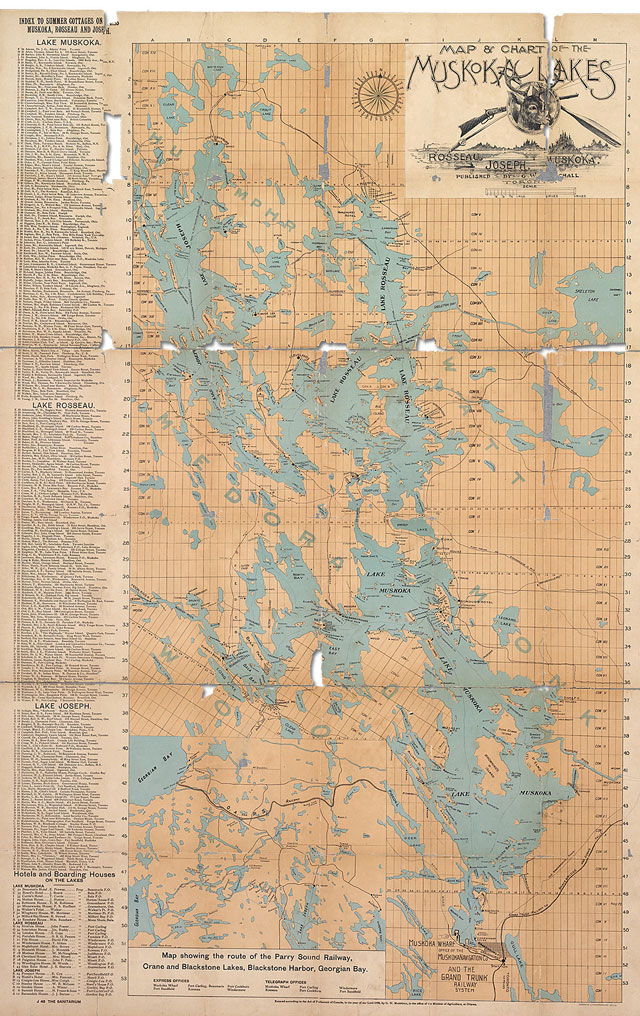 Carte historique des lacs de la région de Muskoka en Ontario. La carte date de 1899.