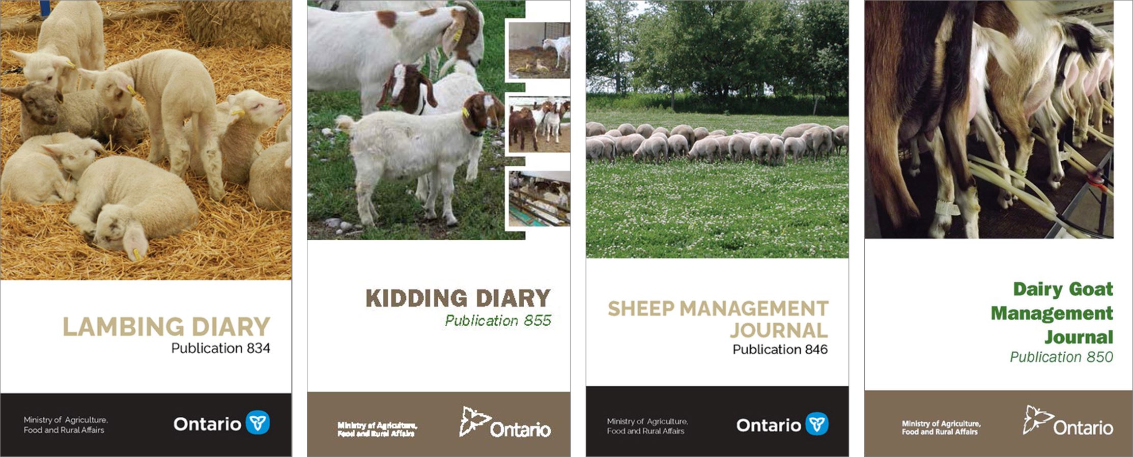 Covers of the Lambing Diary, Kidding Diary, Sheep Management Journal and Dairy Goat Management Journal.