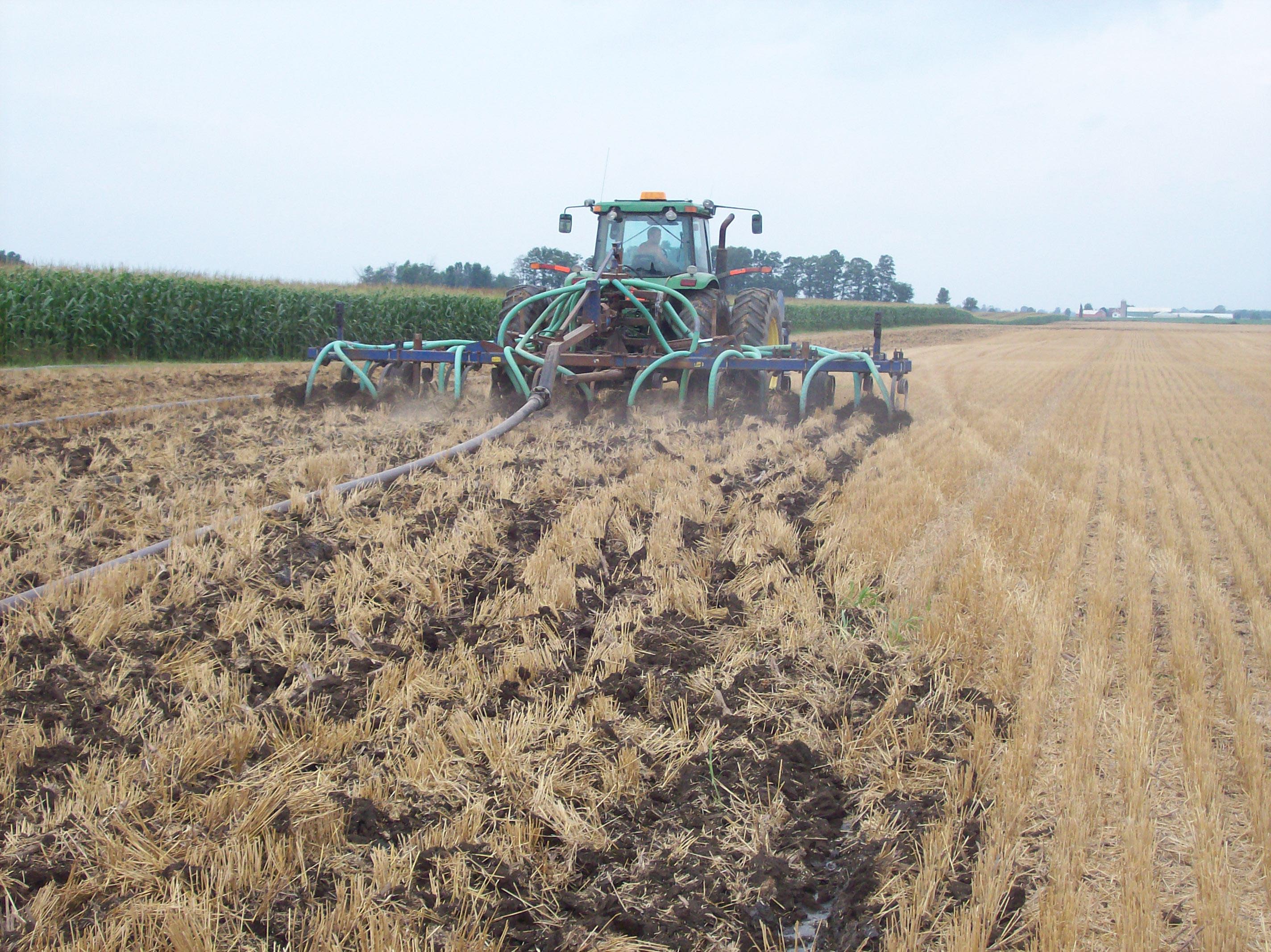 Vue arrière d’un tracteur dans un champ de céréales, injectant des biosolides d’égouts directement dans le sol.