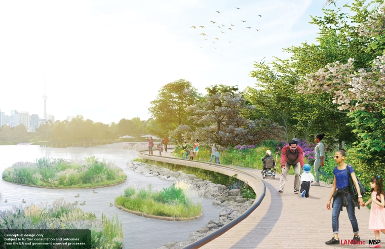Conceptual illustration of a cove with a people walking on a path surrounded by trees