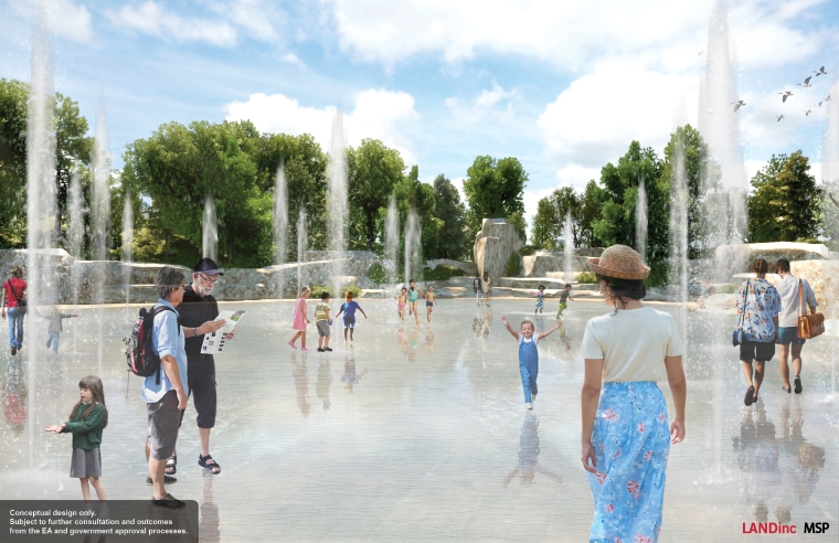 Conceptual illustration of water fountains shooting out from the ground with a people walking around them