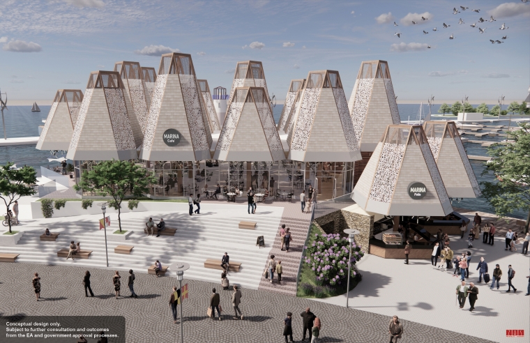 Conceptual illustration of the marina with retail and dining facilities