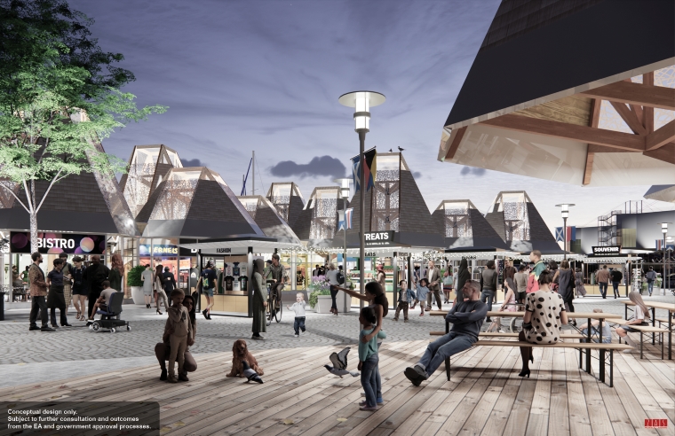 Conceptual illustration of the marina with people using the retail and dining facilities
