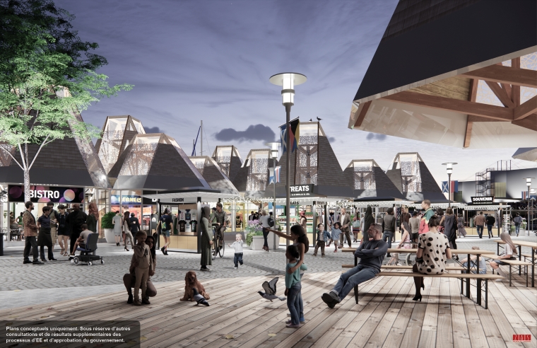 Illustration conceptuelle de la marina avec des personnes fréquentant les marchands et restaurants