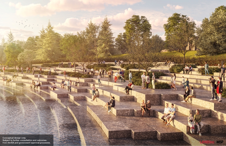 Conceptual illustration of a shore with a people sitting on steps with trees in the background