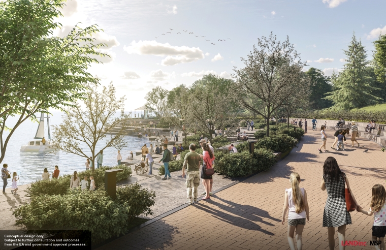 Conceptual illustration of people walking around the shore on walk path