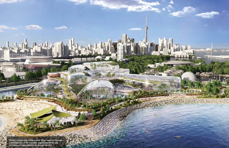 Illustration conceptuelle d’un espace de rassemblement intérieur plus vaste couvert de dômes transparents, qui abrite un parc, de l’eau et une plage