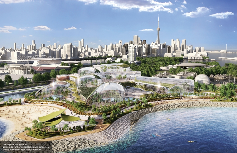 Conceptual illustration of a larger indoor gathering space covered with clear domes, and with parkland, water and beach inside 