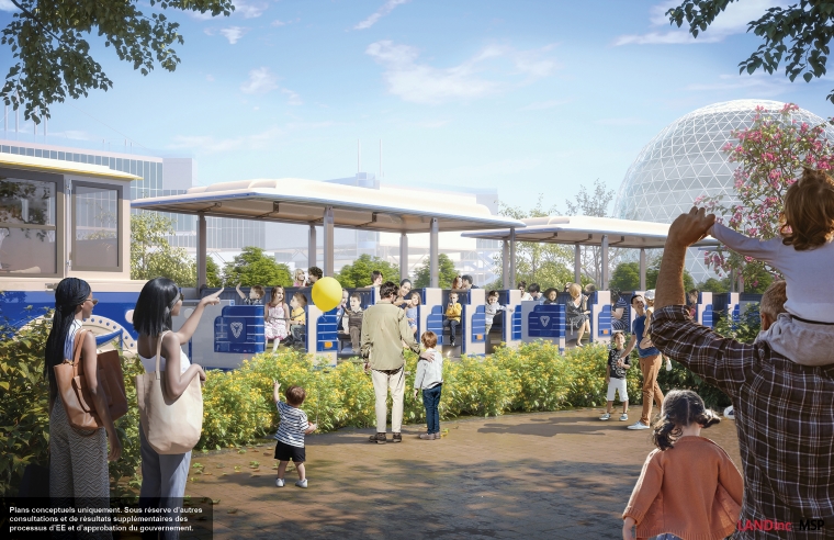 Illustration conceptuelle de l’esplanade et de la promenade de la place de l’Ontario avec des promeneurs