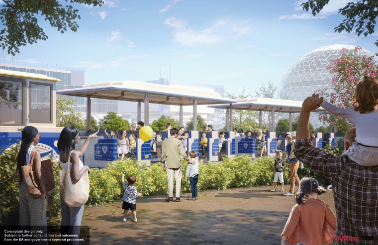 Conceptual illustration of Ontario Place plaza and promenade with people walking