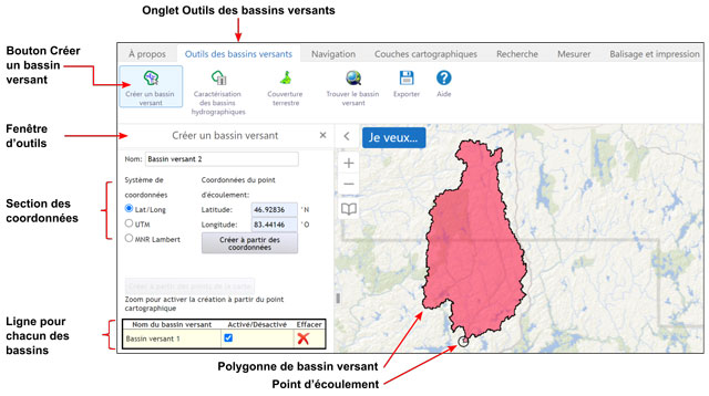 onglet outil des bassins versants avec bouton Créer un bassin versant, coordonnées de la section et des lignes pour chaque bassin versant avec fonctions d'activation, de désactivation et de suppression.