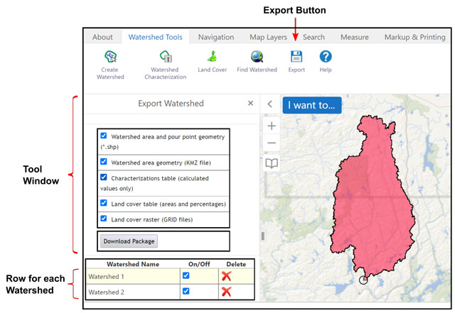 export watershed information function with options to choose data for download