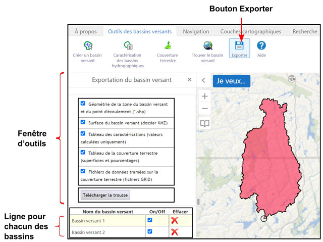 un bouton pour l’exportation de données sur les bassins versants; des options pour choisir les données à télécharger.