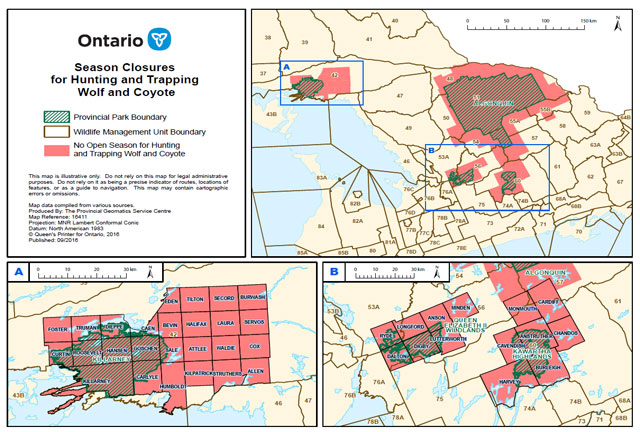 Map of season closures for hunting and trapping wolf and woyote 