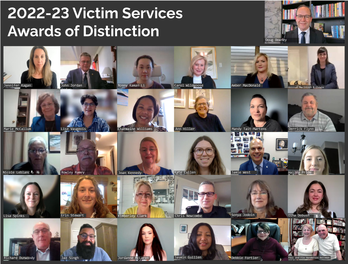 Screenshot of Zoom video call where the Attorney General presented the Victim Services Awards of Distinction to the 2022-2023 recipients