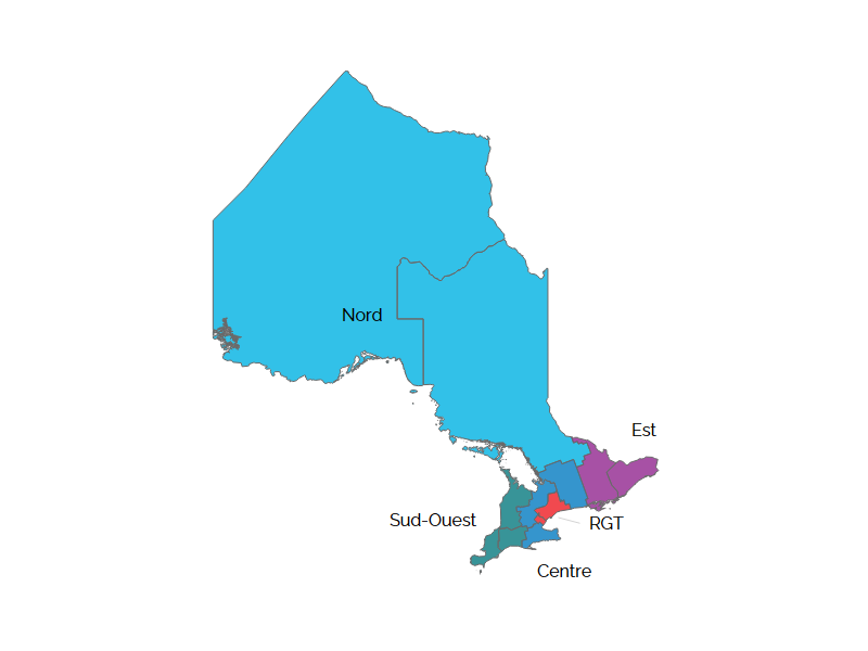 Cette carte montre les cinq régions de l’Ontario : le Nord, l’Est, le Sud-Ouest, le Centre et la région du grand Toronto.
